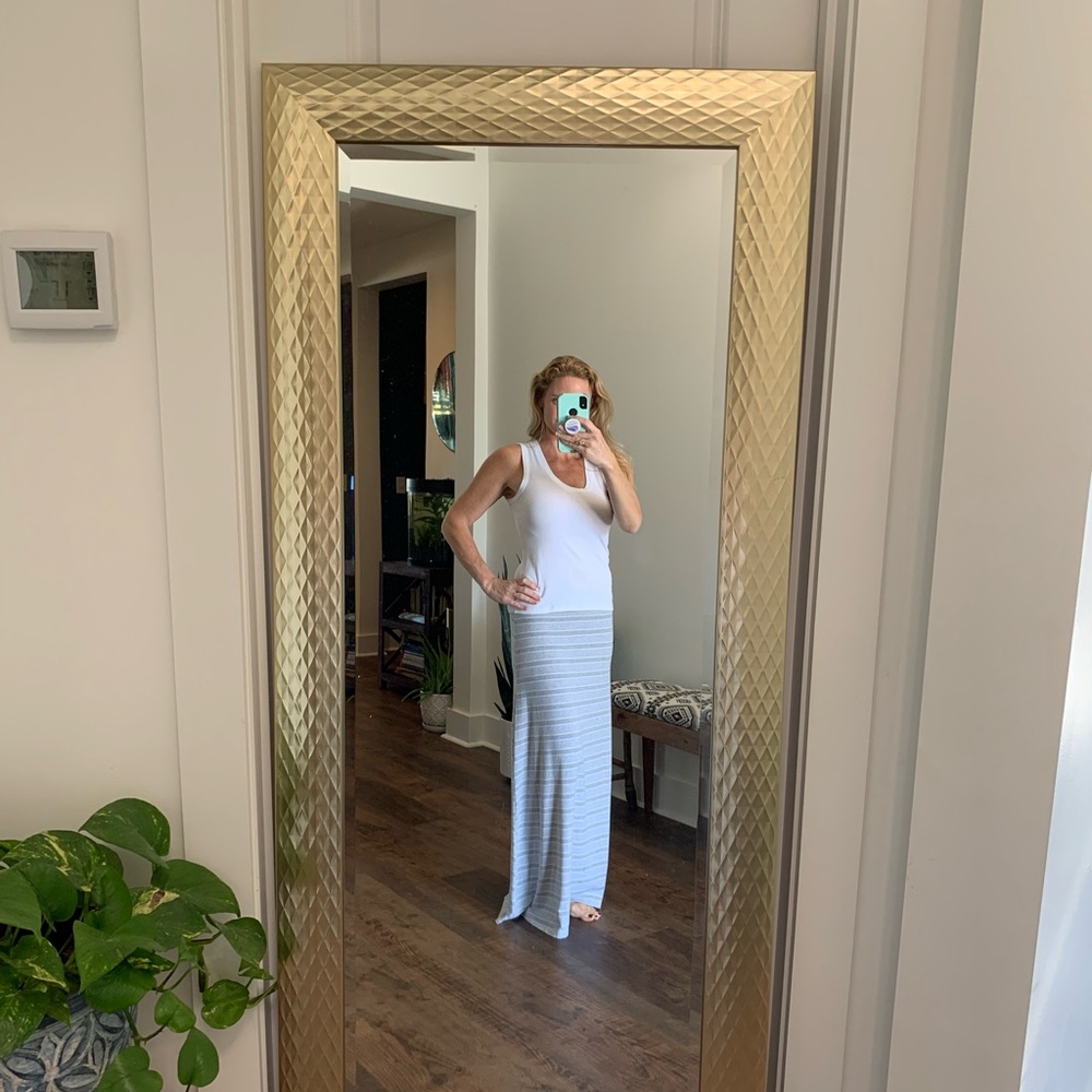 Size medium gray and white long striped skirt. You can wear this thing any day!